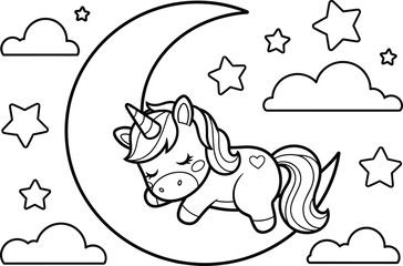 Unicorn, moon, sleeping, cartoon, coloring, page, heart, clouds, stars, night, dreamy, whimsical, black, white, line, drawing, kids, fantasy, cute, illustration
