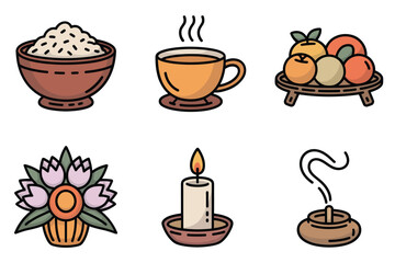 Outline color icons for spiritual ritual, illustrating bowls of rice, fruit, traditional candle, and incense for ceremonial offerings,