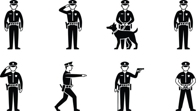 Police Officer Silhouettes Diverse Poses, Including Saluting, Gun Use, and K9 Unit Illustrations