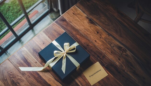 Elegant gift box with a congratulations card on a rustic wooden table