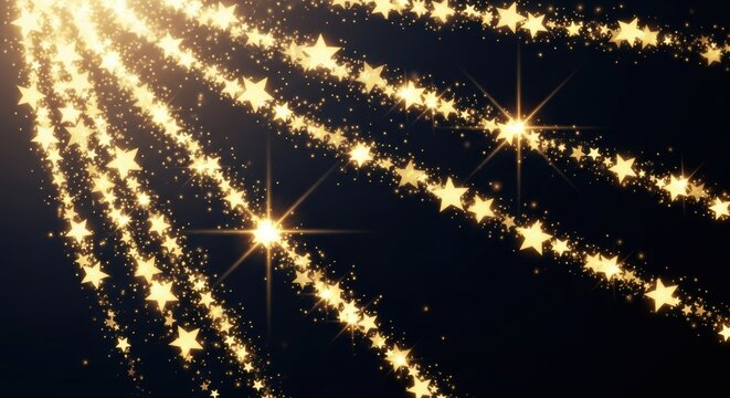 Golden star trails of light streaking across a dark background