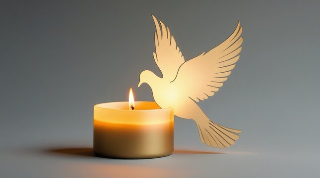 Lit candle and golden dove silhouette symbolizing peace, hope, and spiritual tranquility on a subtle gray background.