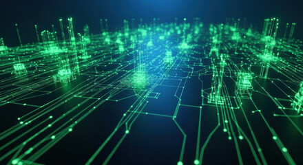 Futuristic digital landscape showcasing interconnected green circuitry with glowing nodes and data flow
