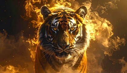 A majestic tiger emerges from golden, fiery clouds