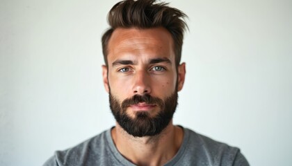 Obraz premium Close up portrait of handsome man with beard looking directly at camera. He has styled hair, serious expression against plain background. Young adult male model with attractive features in grey shirt.