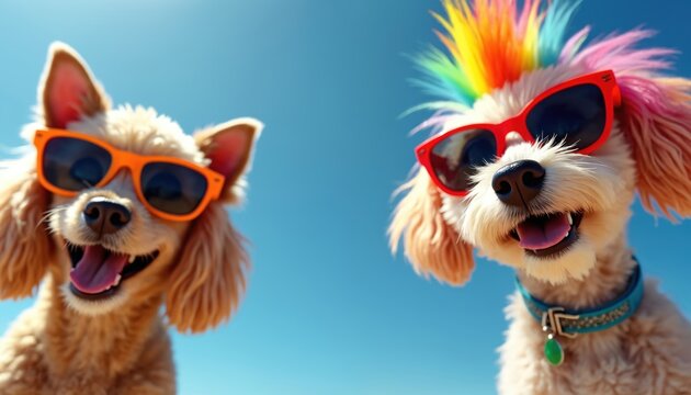 Two happy pet dogs wear sunglasses. One bright colorful rainbow mohawk hair. Smile widely, tongues out, looking at camera. Best friends enjoy sunny summer day vacation outside on hot weather. Blue - Powered by Adobe