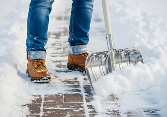 Closeup of a person shoveling snow from a paved walkway, highlighting winter maintenance and the effort to keep paths clear and safe during snowy conditions