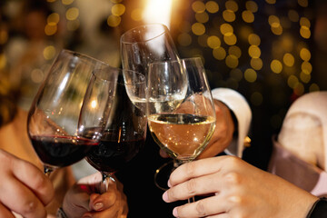 Red and white wine glasses on a beautifully set table, Fine dining and wine, Luxury table setting.