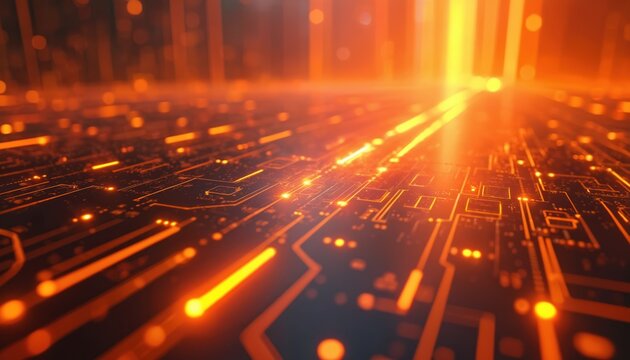 Orange technology background with glowing circuit board. Electronic components, wires visible. Futuristic illustration of modern tech. Bright light shines on digital innovation. Abstract warm colors,