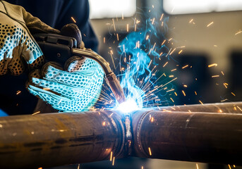 Closeup of a skilled welder in protective gear welding metal pipes together with bright sparks and blue smoke in a workshop, showcasing industrial craftsmanship