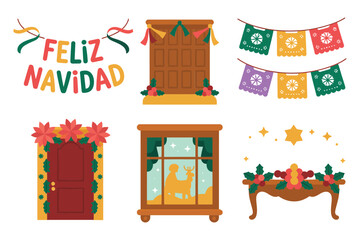 Detailed flat vector icons for holiday welcome, featuring Feliz Navidad, welcome text, traditional door, table, and decorative banners,