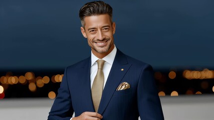 Man confidently adjusts tie while standing against a backdrop of city lights. Stylish evening setting with a modern urban vibe. Concept of fashion, personal branding, luxury lifestyle