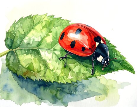 Watercolor rendering of a vibrant ladybug atop a lush green leaf