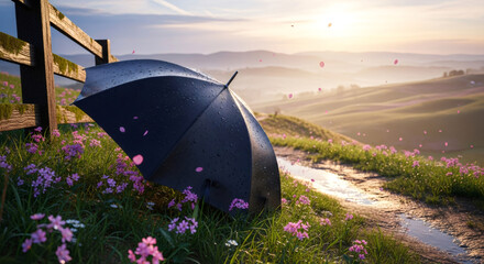 Umbrella resting on a fence post overlooking a misty valley at sunrise.