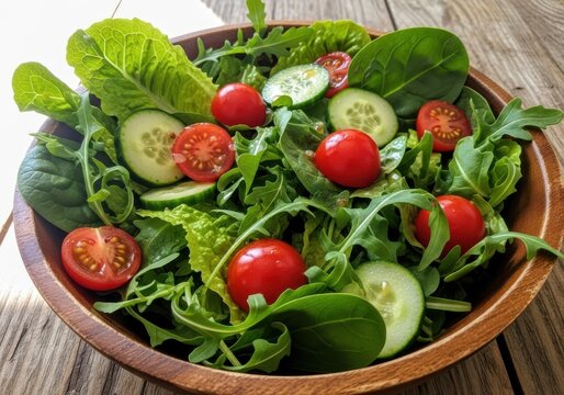 Fresh vibrant garden salad with mixed leafy greens, cherry tomatoes, and cucumber in wooden bowl.