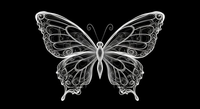 An ethereal butterfly with smoke like wings against a stark black background in a digital rendering