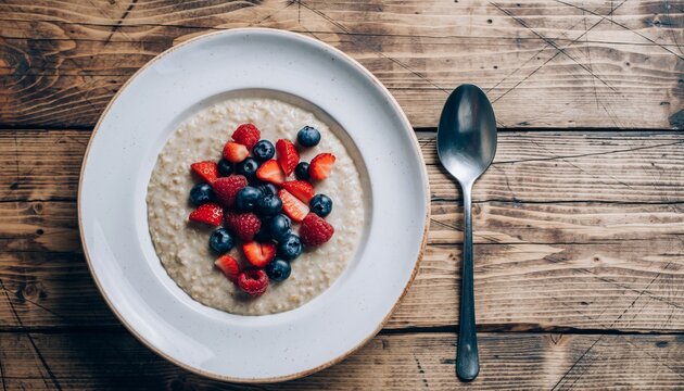 Creamy oatmeal topped with fresh berries on a rustic wooden table. - Powered by Adobe