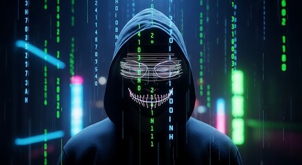 A hooded figure in a dark setting with digital rain and a stylized mask overlay on the face area