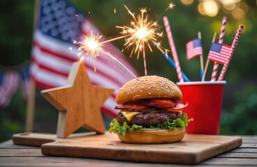 Festive photo with burger sparklers and US flags. Fourth of July celebration is in progress. Hamburger with vegetables and cheese is on wood. Patriotic party decor.