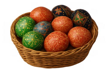 Traditional ukrainian pysanky eggs in a woven wicker basket celebrating easter holiday and ancient folk art