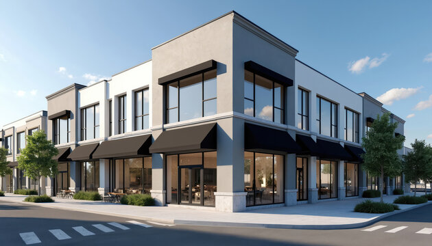 Modern mixed-use building facade with large windows, awnings, and storefronts. Shows empty retail spaces with outdoor seating areas, suggesting commercial opportunities on sunny day.