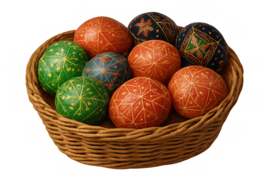 Traditional ukrainian pysanky eggs in a woven wicker basket celebrating easter holiday and ancient folk art