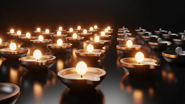 Vertical animation of modern diya lamps lighting up sequentially. Flames spreading across a grid in the dark for a Diwali celebration. The concept of hope and progress
