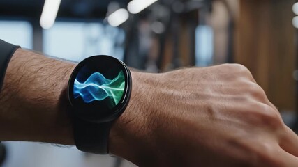 Man using a futuristic smartwatch at the gym. Close-up of a hand tapping a screen with a voice assistant animation. Wearable technology and fitness tracking concept - Powered by Adobe