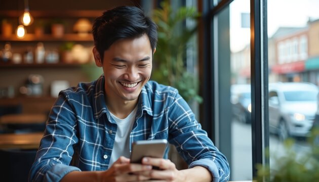 Asian man smiles looking at phone screen. Young person in cafe checks mobile device with happy expression. Modern communication and freelance work concept.