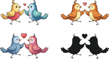 Cute cartoon love birds couple holding wings, adorable romantic bird illustration with heart, valentine animal art set, colorful vector design