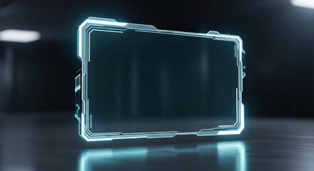 Futuristic digital screen display with glowing edges set in a modern, dark environment showcasing technology