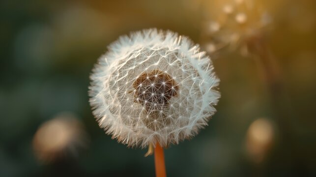 Close up of a fluffy dandelion seed head against a blurred background