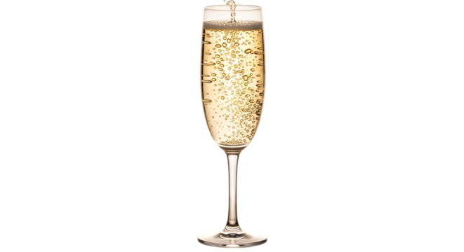 Tall flute glass filled with sparkling champagne with rising bubbles on black background