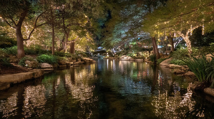 Obraz premium Enchanted park at night with string lights reflecting on water