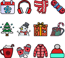Naklejka premium Cute winter icon set featuring snowflake calendar, earmuffs, scarf, snowboard, snowman, Christmas tree, gift box, hot cocoa, mittens, jacket, and beanie in colorful flat style.