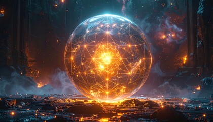 A luminous, intricate sphere of interconnected light, radiates with vibrant energy, illuminating a desolate, rocky landscape with a celestial, otherworldly atmosphere, showcasing a captivating...