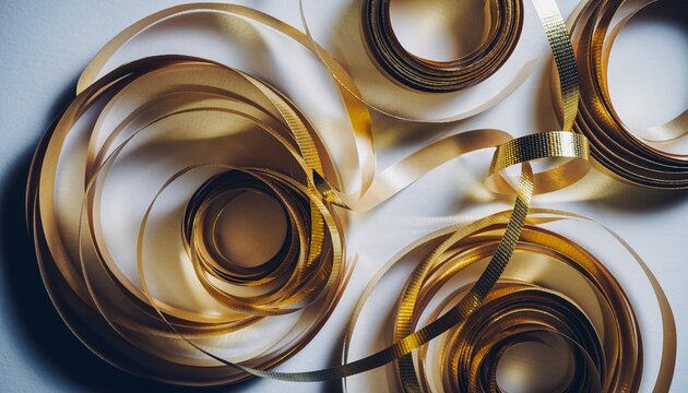 Shimmering golden ribbons arranged in elegant abstract swirls on a bright background
