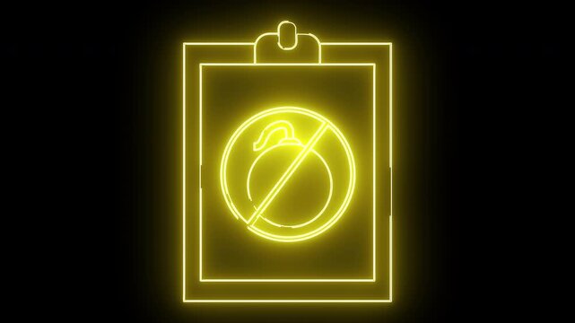 Yellow neon clipboard showing bomb crossed out against black