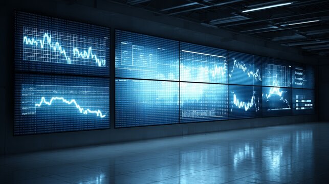 Digital technology market graphs illustrate a web of stock information within a futuristic building corridor