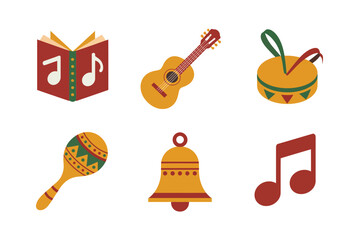 Outline color icons for festive music, illustrating open book, guitar, tambourine, maraca, bell, and floating musical notes,