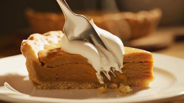 A fork takes a bite of a delicious slice of pumpkin pie with whipped cream. Close-up of a traditional autumn dessert. Thanksgiving holiday food concept