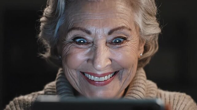 An elderly woman's face shows a surprised and funny reaction to a screen. Extreme close-up of a senior with a wide-eyed expression and an exaggerated smile. Good news concept