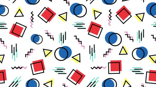 Seamless memphis pattern loop animation.  Seamless memphis pattern with vibrant abstract geometric design on white background. Suitable for digital backgrounds, prints, textiles, packaging.