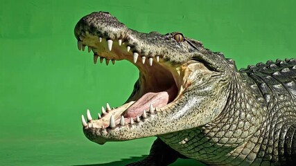 Close-up of a Large Alligator with Open Mouth Isolated on Bright Green Background Showing Detailed Texture and Teeth for Educational or Commercial Use