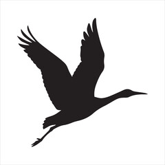 a black silhouette of a crane in flight isolated white background