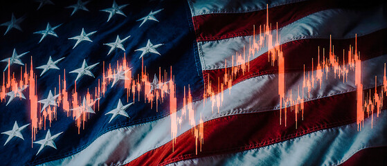 american flag overlaid with stock exchange trading chart a representation of the us stock market	