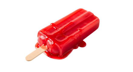 Bright red fruit flavored ice pop on a wooden stick against black background