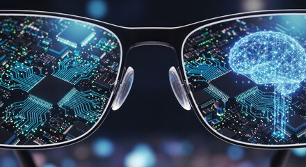 Futuristic glasses reflecting a digital brain and circuit board, symbolizing technology and innovation