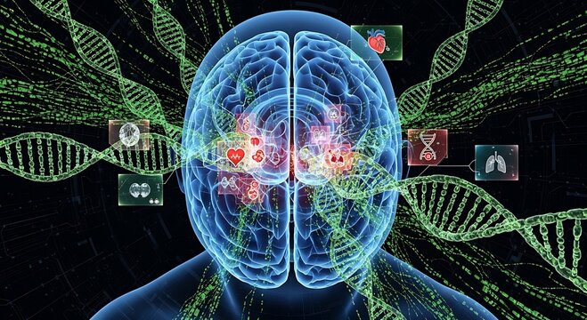 Human Brain Activity and DNA Strands - A Glimpse into Neuroscience and Genetics. - Powered by Adobe