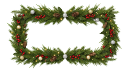 Festive Christmas Garland With Pine Cones Red Berries Silver Baubles And Warm Lights On Transparent Background